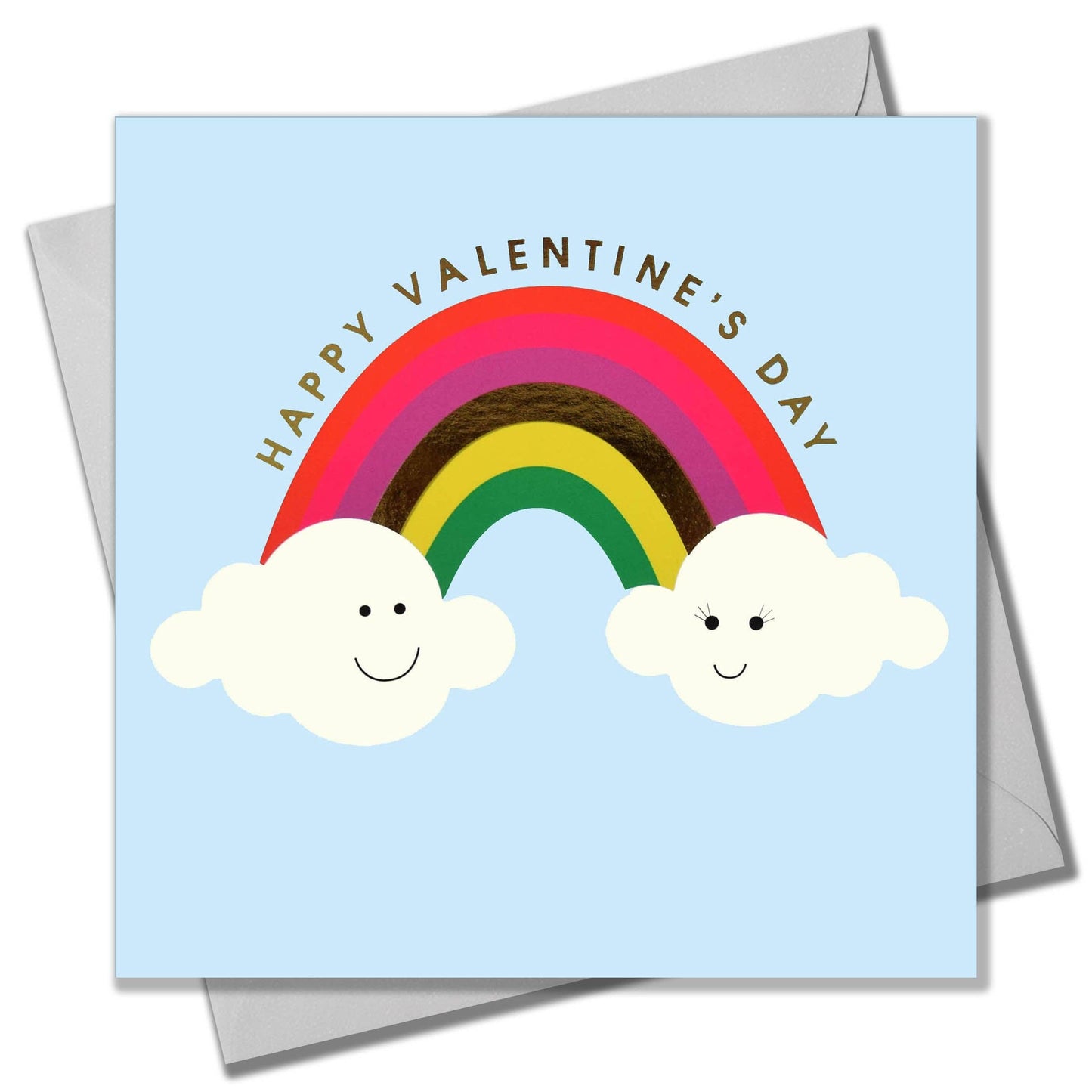 Valentines Day Card, Clouds and Rainbow, text foiled in shiny gold