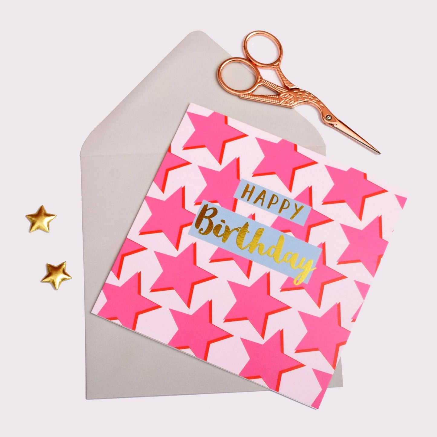 Birthday Card, Pink Stars, Happy Birthday, text foiled in shiny gold