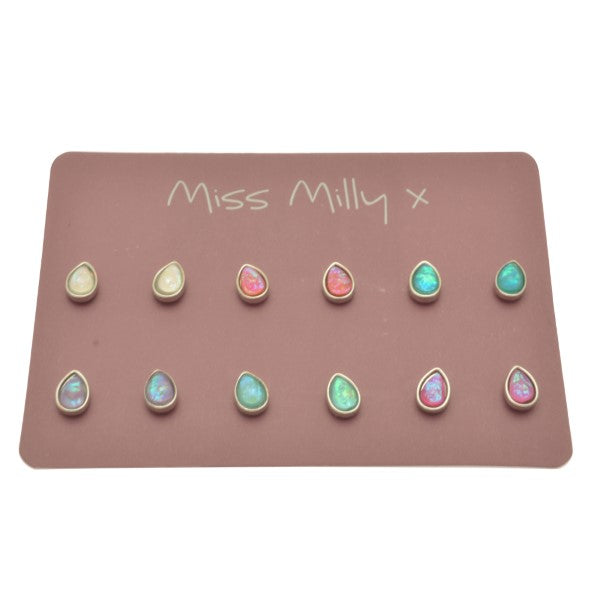 Miss Milly, Iridescent Resin Stud Earrings, 6 Pair Set