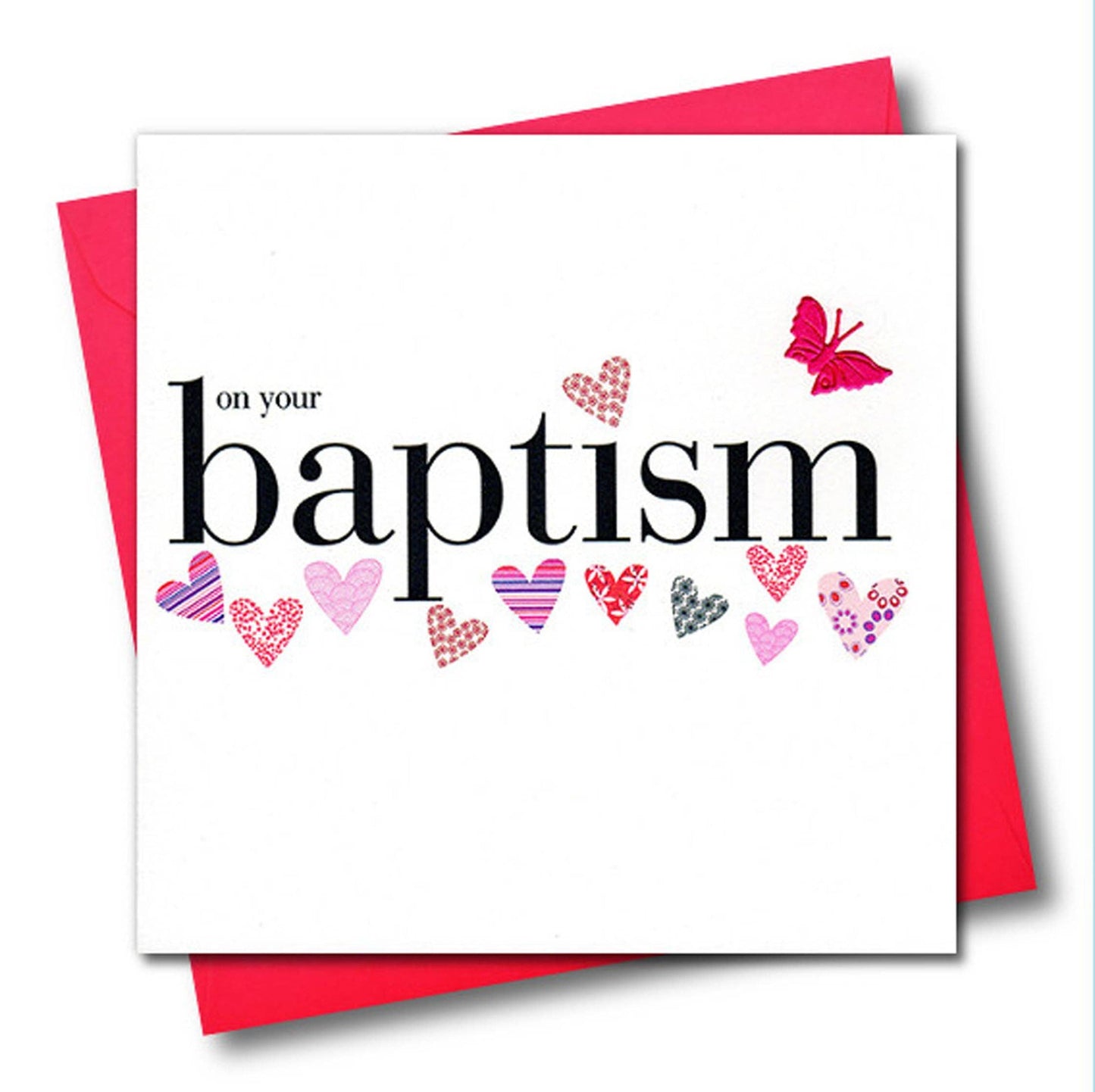 Baby Card, Pink Hearts, On Your Baptism, embellished with a fabric butterfly