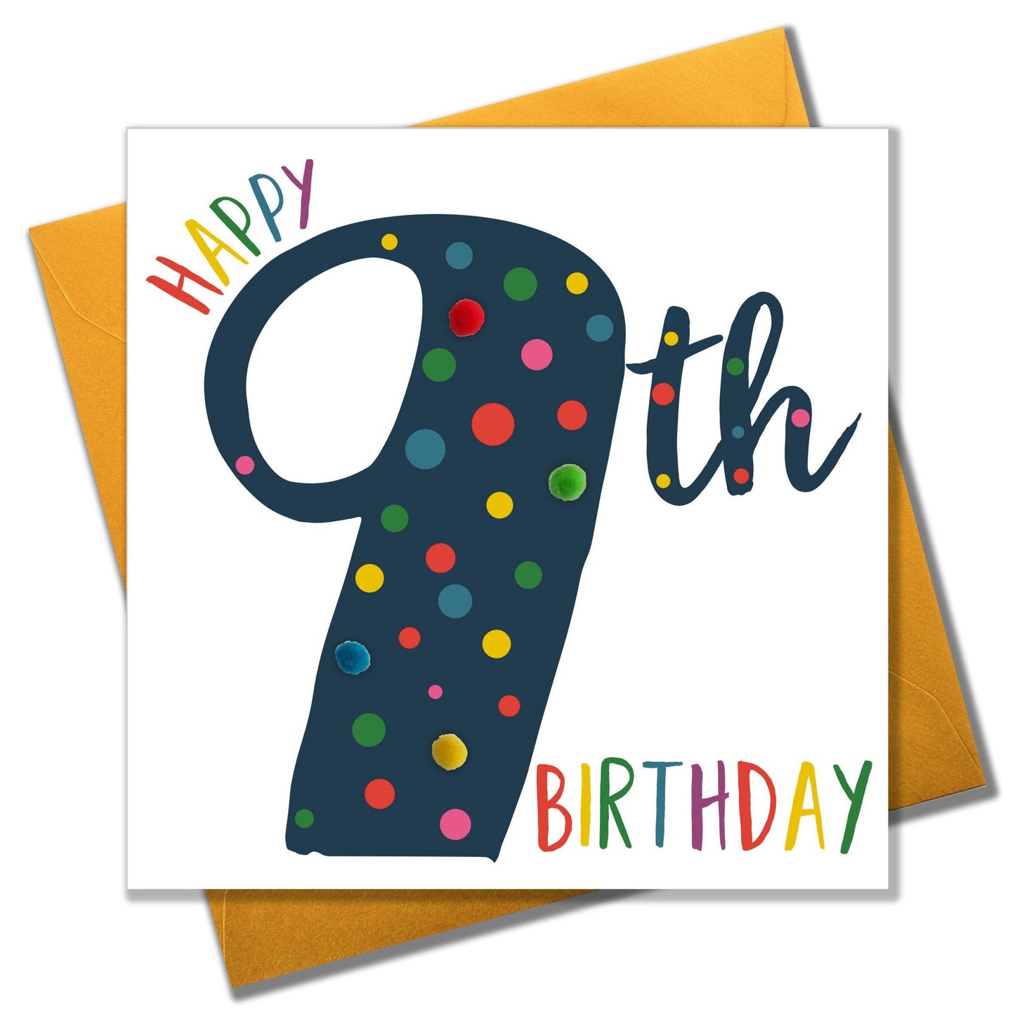 Birthday Card, Age 9 - Blue, Happy 9th Birthday, Embellished with pompoms