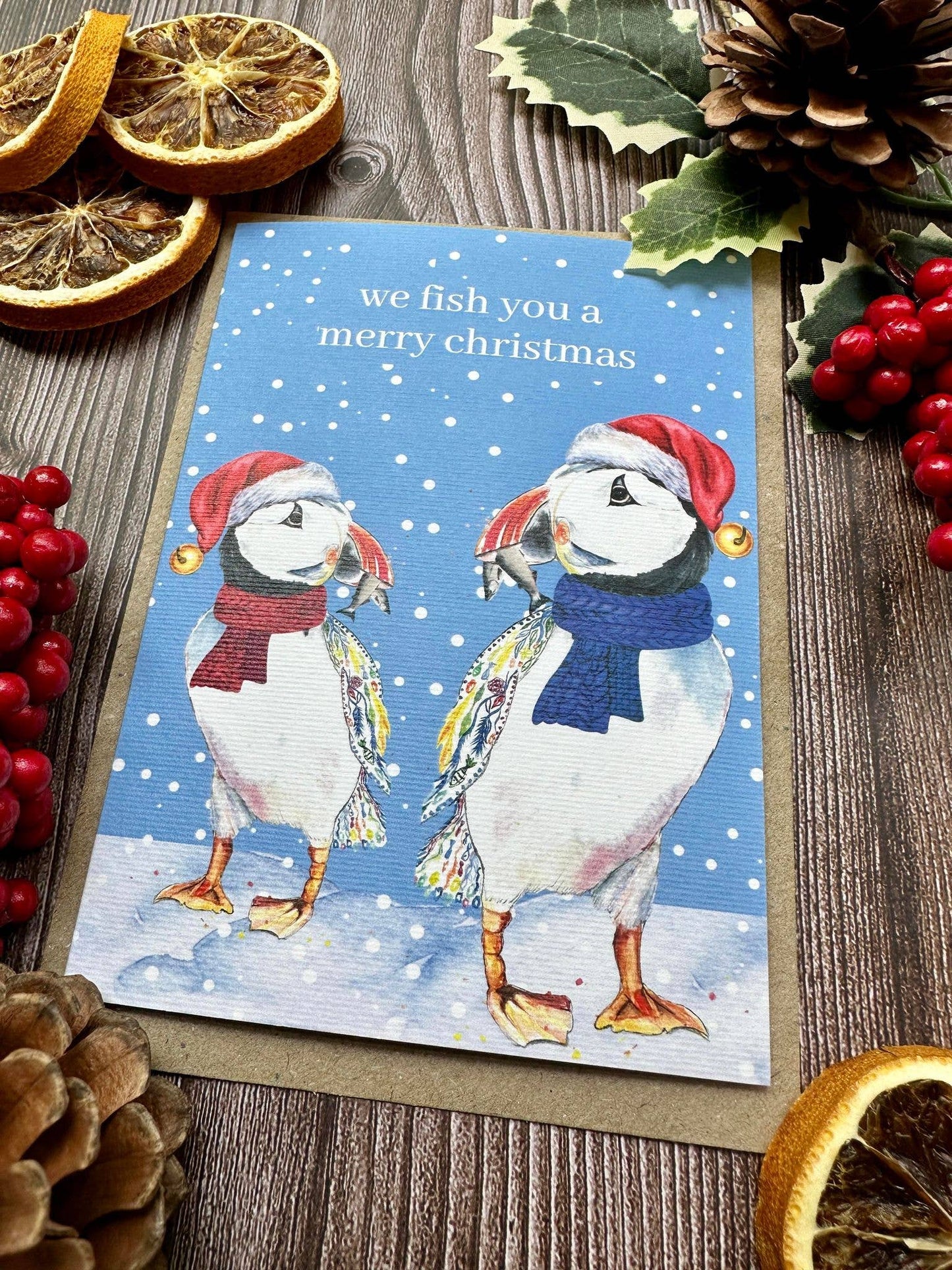 Puffin Christmas Eco Friendly Art Card cute colourful funny