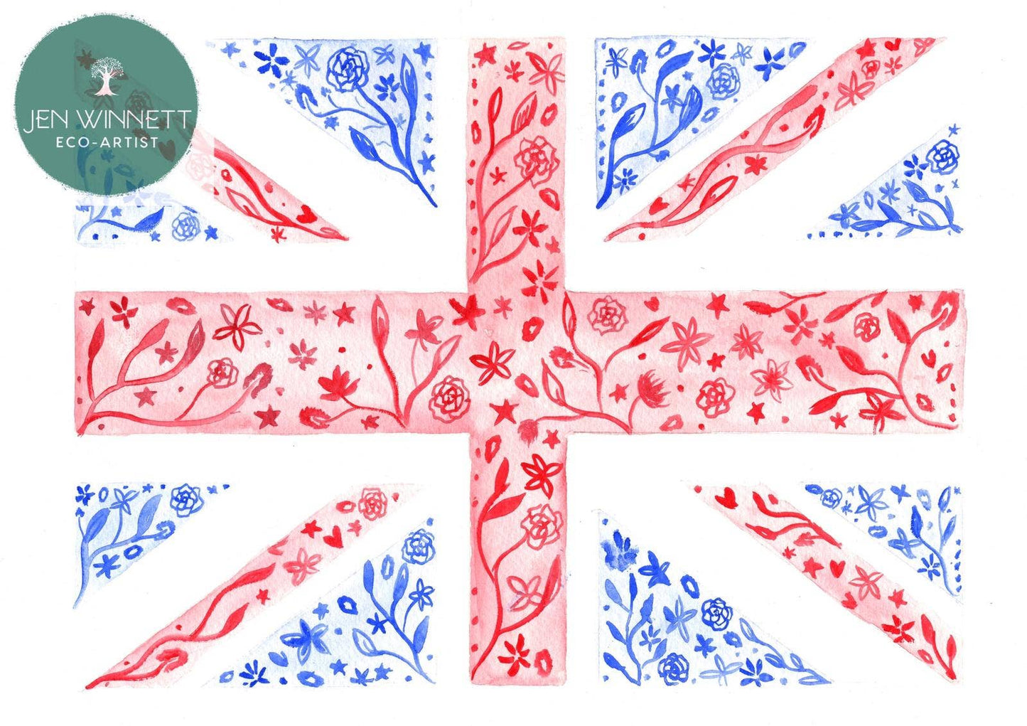 UK flag Signed Watercolour Art Colourful Floral Print