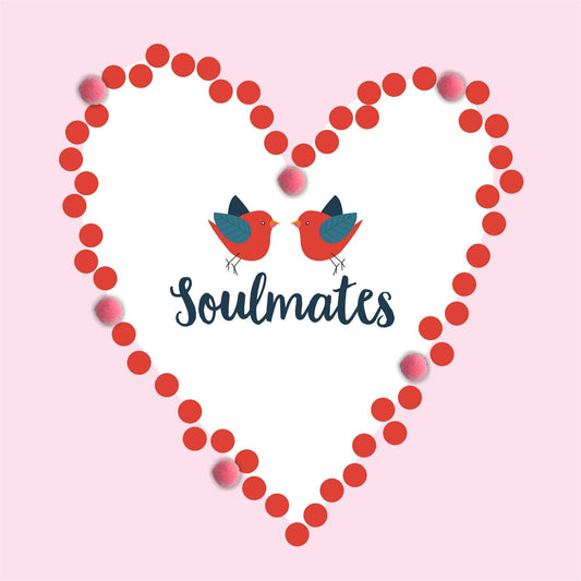 Valentine's Day Card, Love Birds, Soulmates, Embellished with colourful pompoms