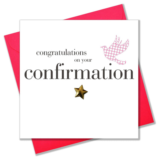 Confirmation Congratulations Card, Pink Dove, Embellished with a padded star