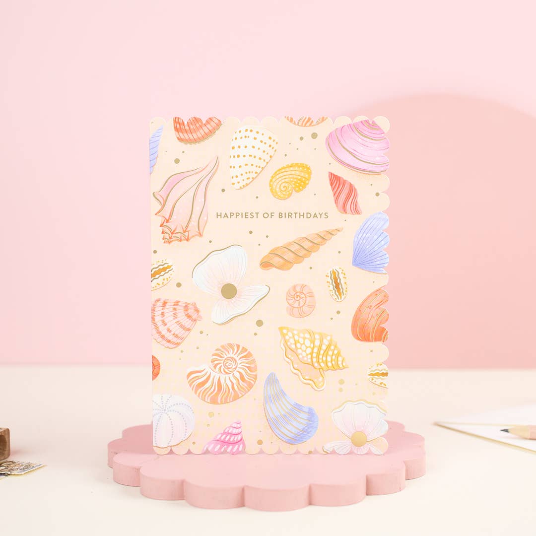 Ricicle Cards - Happiest of Birthdays | Pretty Greeting Card | Shell | Gold
