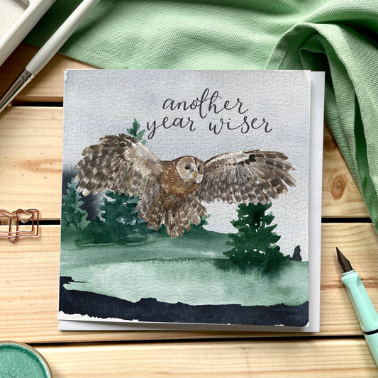 Card, Another year wiser birthday - owl watercolour woodland