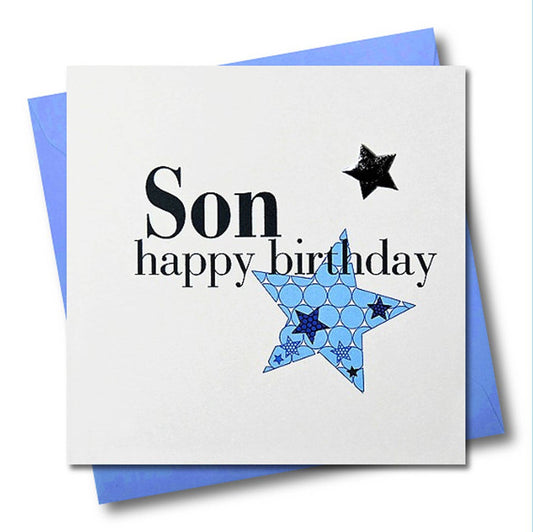 Birthday Card, Blue Stars, Son, Embellished with a shiny padded star