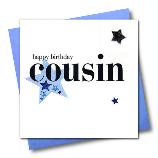 Birthday Card, Blue Star, Happy Birthday Cousin, Embellished with a padded star