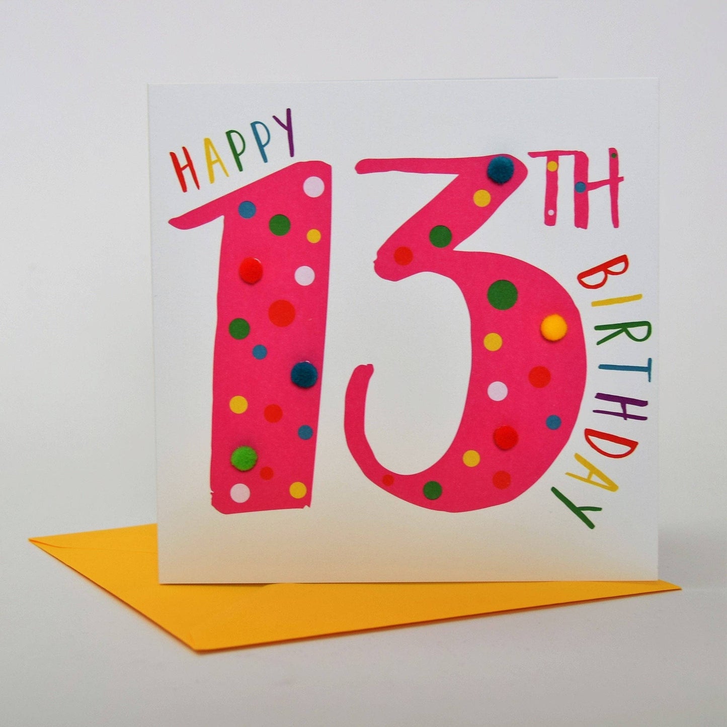 Birthday Card, Age 13 - Pink, Happy 13th Birthday, Embellished with pompoms