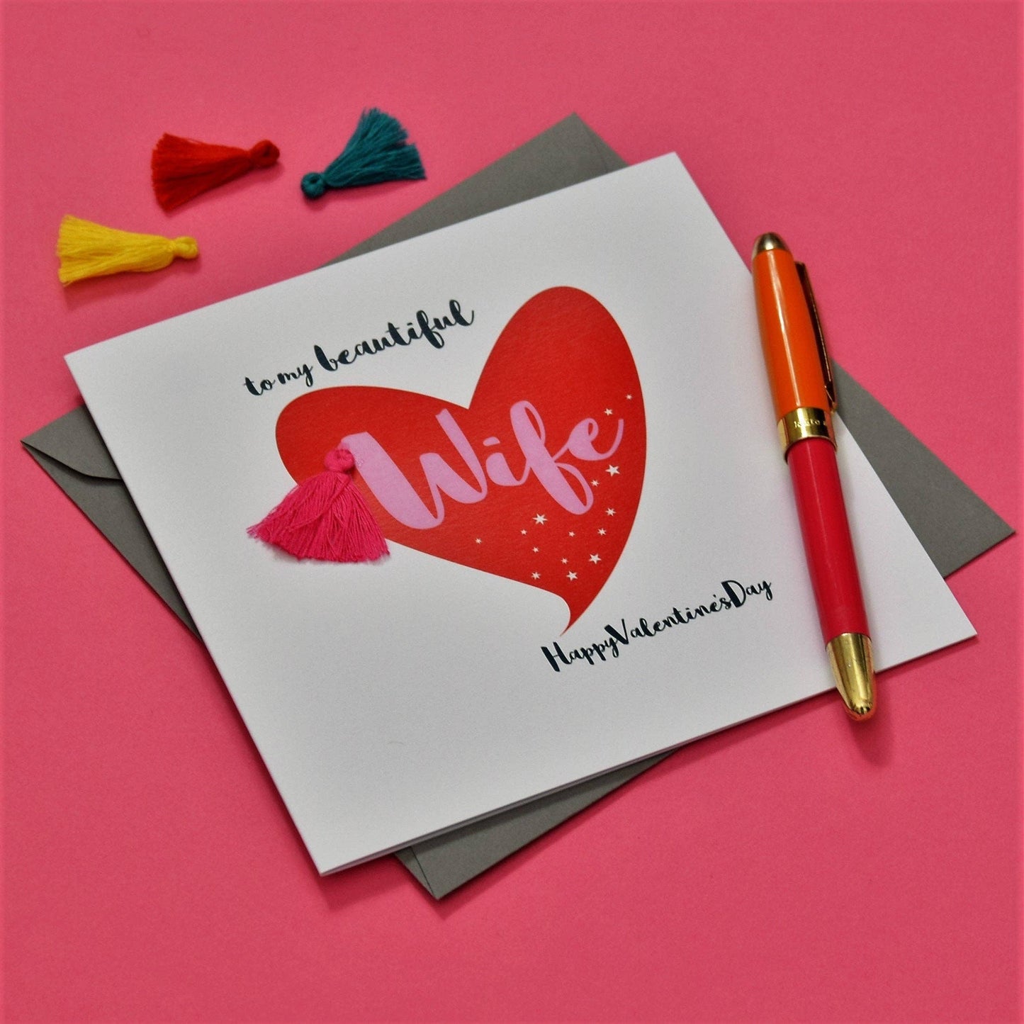 Valentine's Day Card, Pink Heart, Beautiful Wife, Embellished with a tassel
