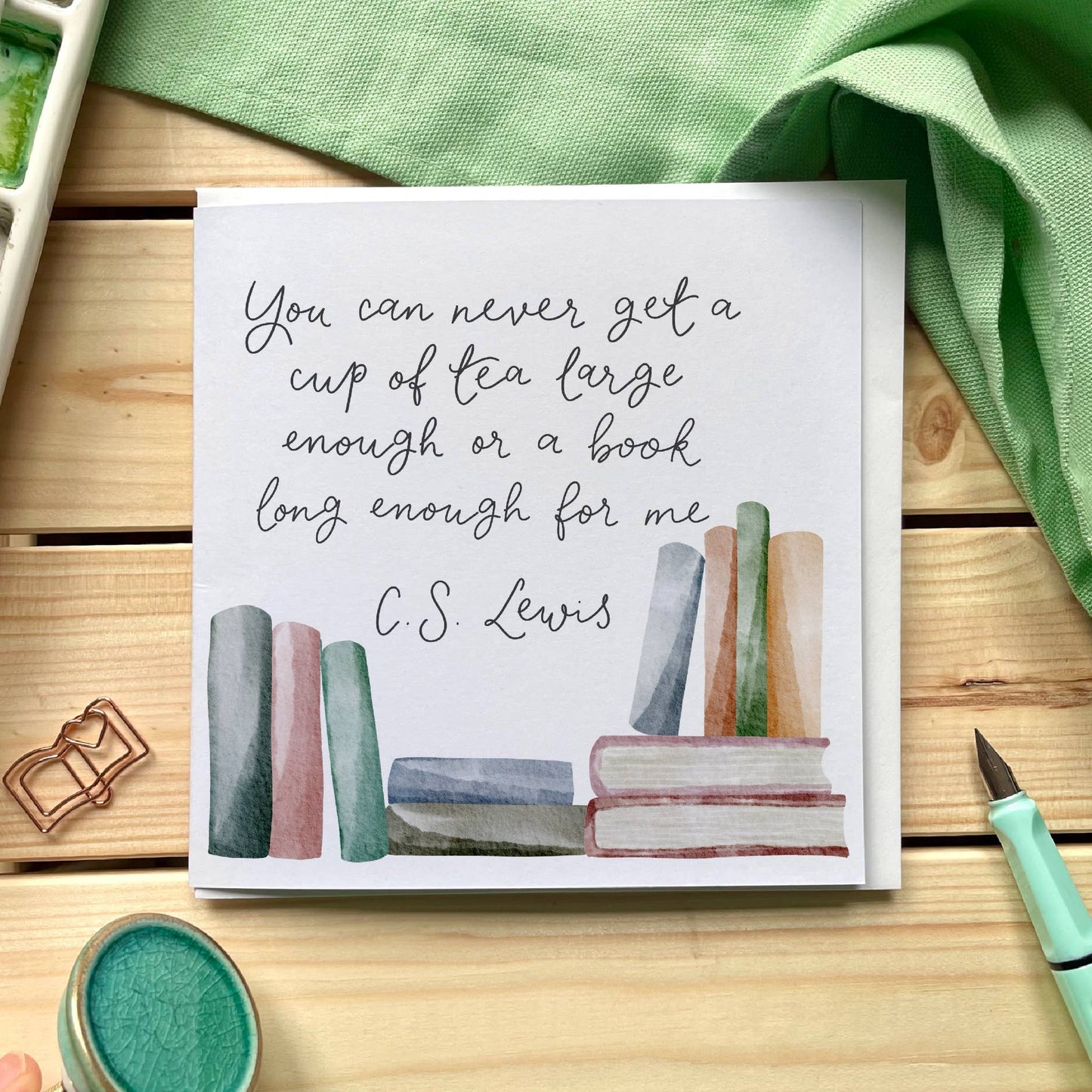 CS Lewis reading quote greeting card - books and tea