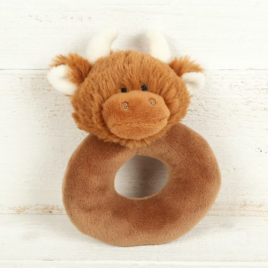 Jomanda, Brown Highland Coo Baby Plush Rattle - 10CM
