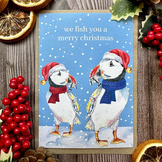 Puffin Christmas Eco Friendly Art Card cute colourful funny