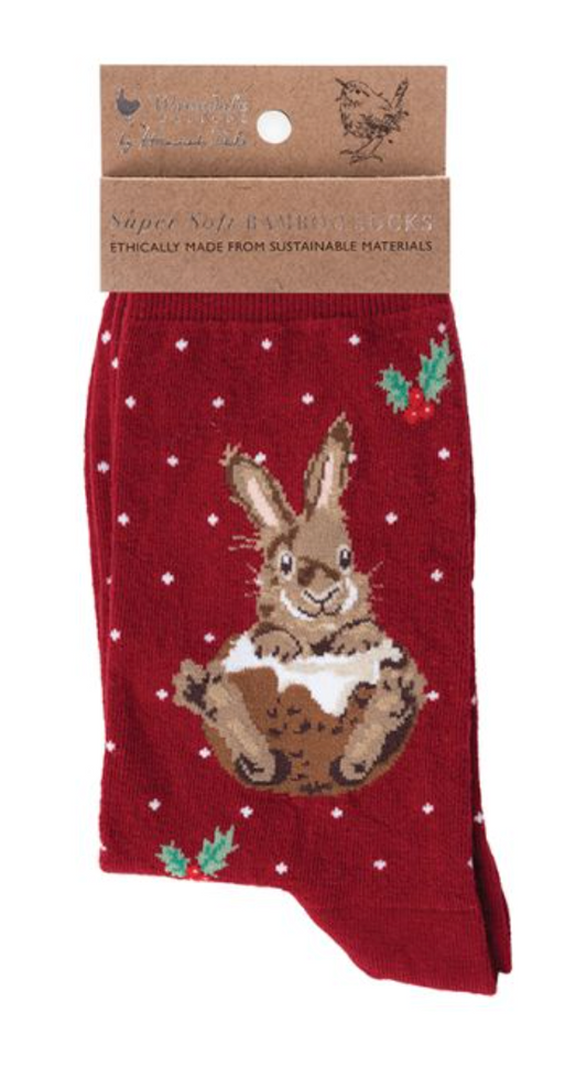 Wrendale, Socks, Size 4 - 8, Christmas Rabbit, Little Pudding
