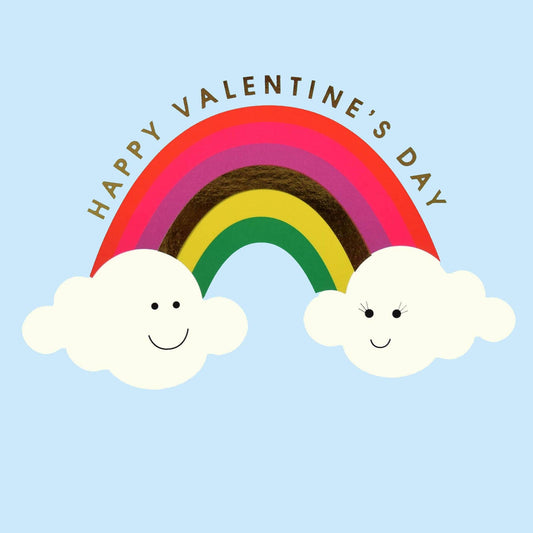 Valentines Day Card, Clouds and Rainbow, text foiled in shiny gold