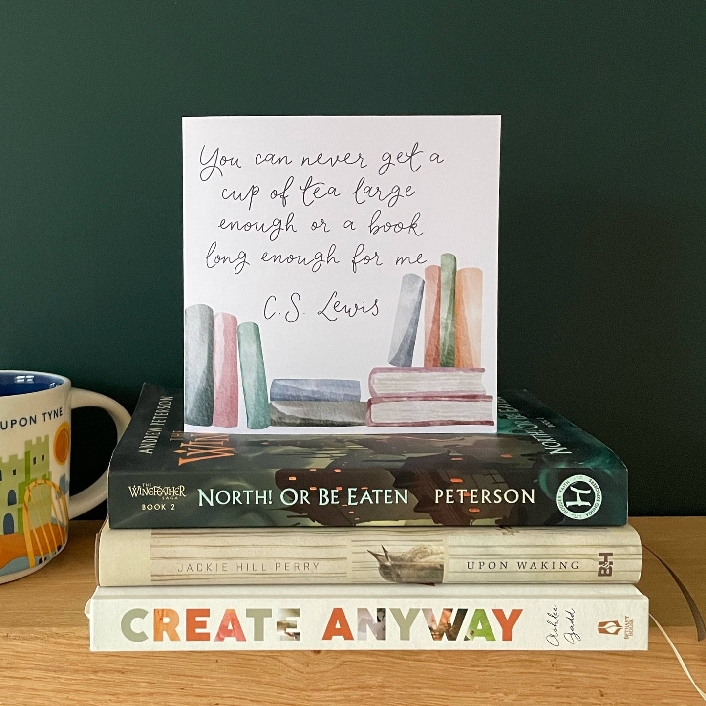 CS Lewis reading quote greeting card - books and tea