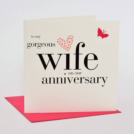 Wife Wedding Anniverary Card, Pink Heart, fabric butterfly Embellished