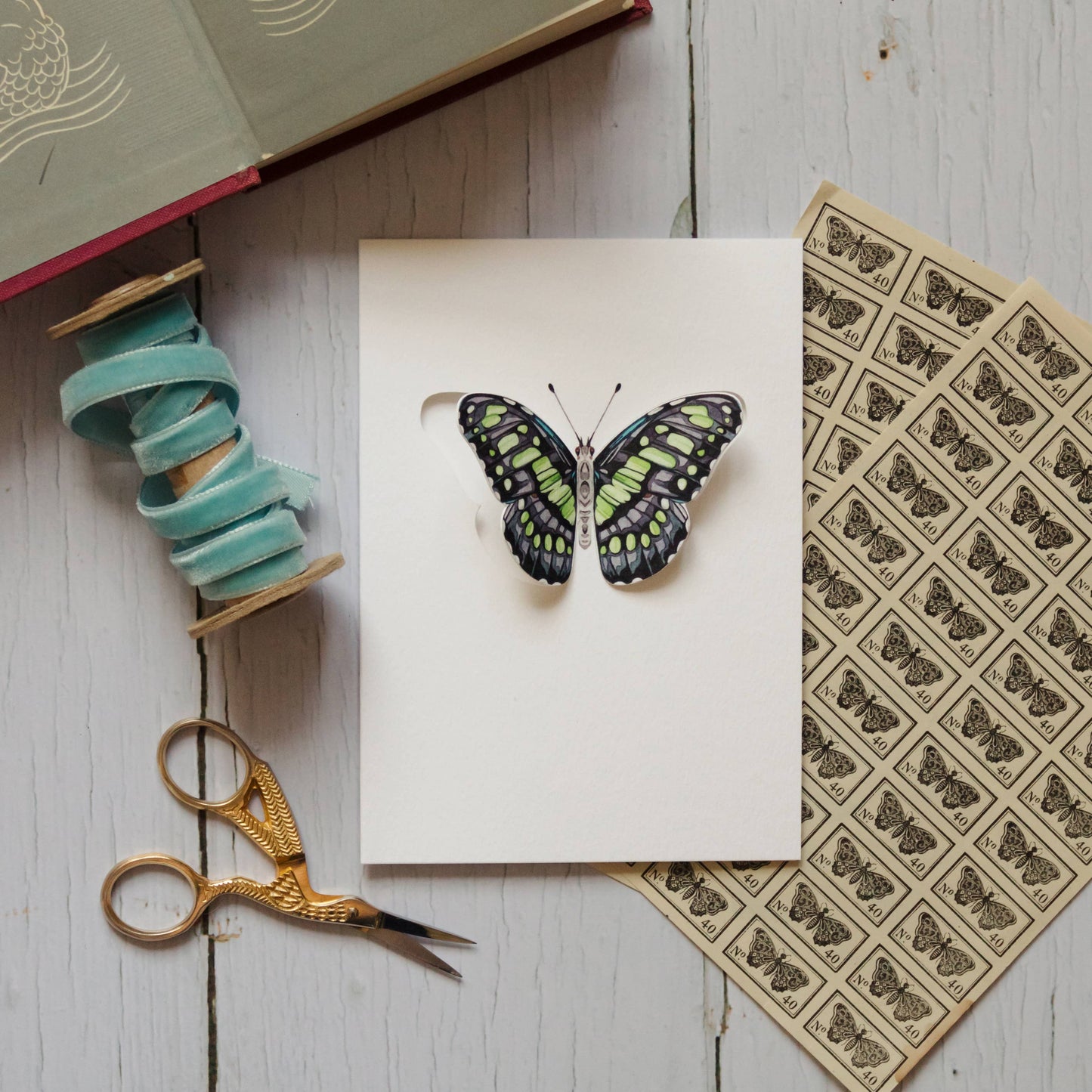 Card, Sophie Brabbins, Green Malachite Pop Out Butterfly Greetings Card