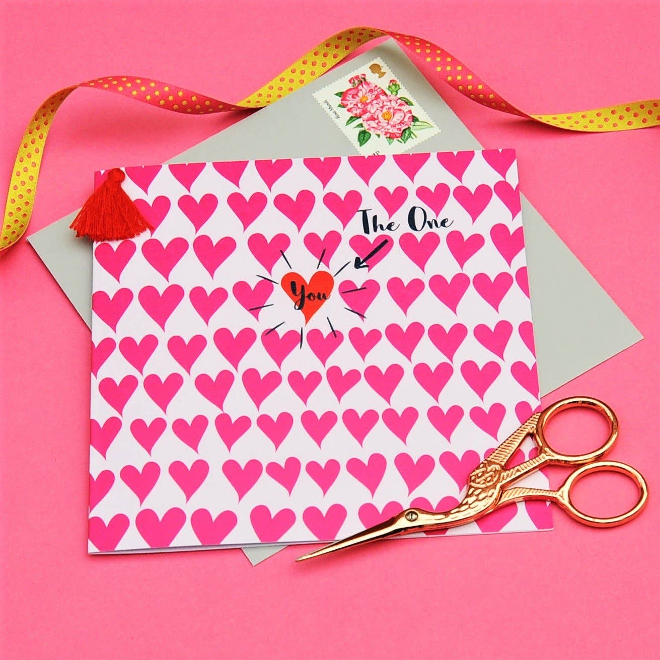 Valentine's Day Card, Hearts Background, Embellished with a colourful tassel