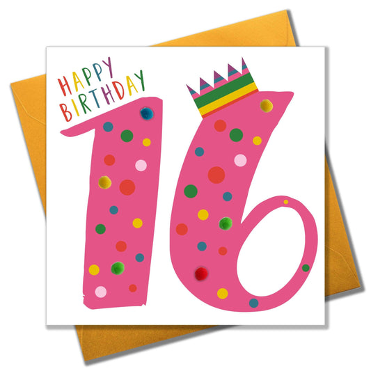 Birthday Card, Age 16 - Pink, Happy Birthday 16, Embellished with pompoms