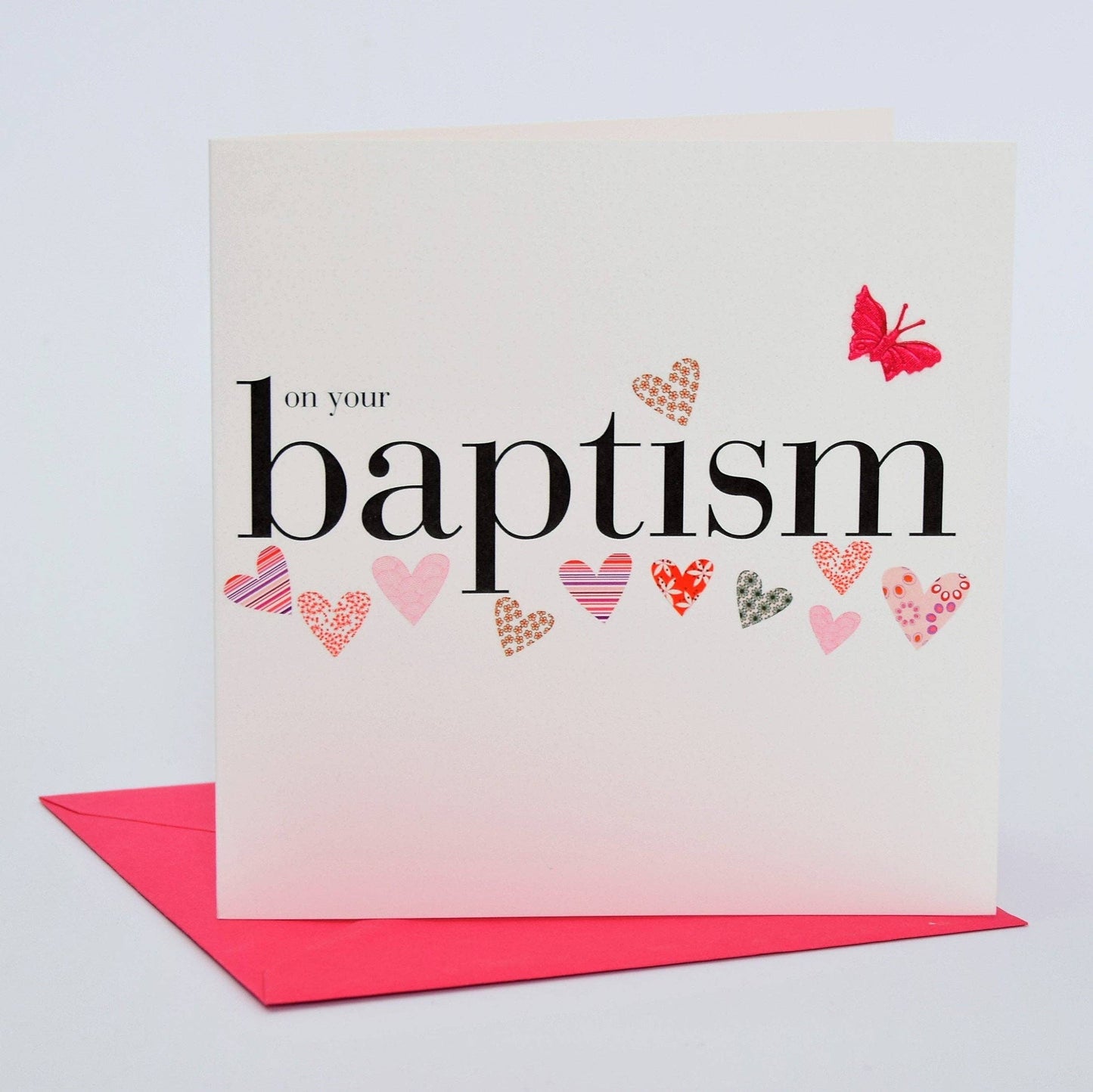Baby Card, Pink Hearts, On Your Baptism, embellished with a fabric butterfly